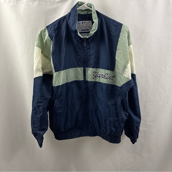 New York Yankees Blue White Starter Jacket Windbreaker Large YOUTH Boys Vintage - Picture 2 of 11